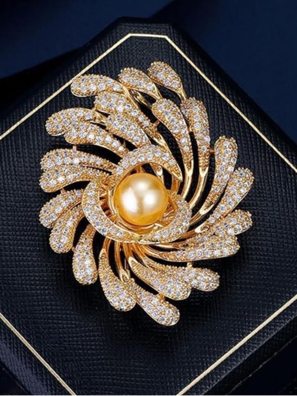 Anthropologie Gold Crystal Flower Brooch with Golden Pearl Center